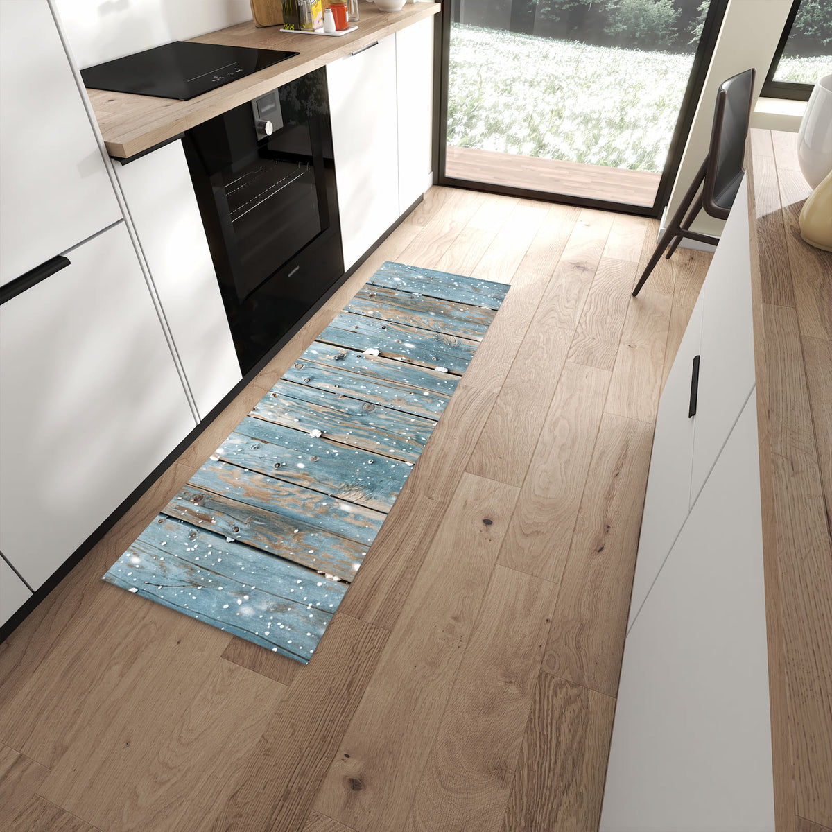 Waschbarer Küchenläufer mit Motiv Holz mit Schnee in moderner Küche