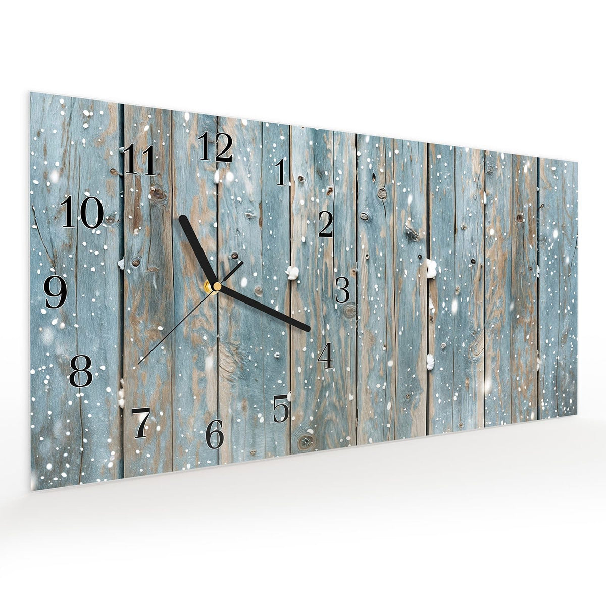 Vormontiert – mit Schwebeeffekt – Wanduhr Holz mit Schnee aus Glas – Querformat 60 × 30 cm