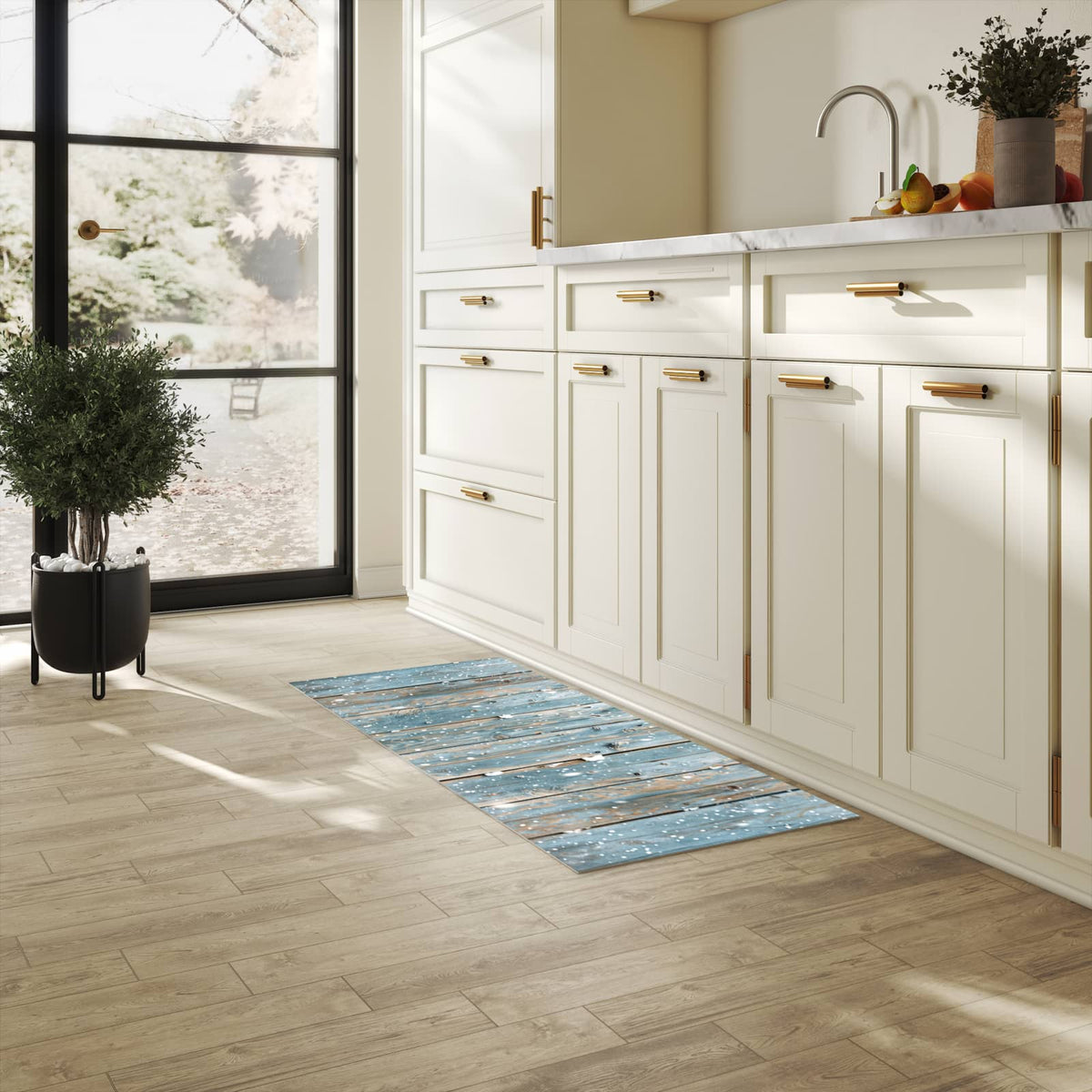 Küchenteppich mit Motiv Holz mit Schnee in heller Küche für sichere Aufbewahrung