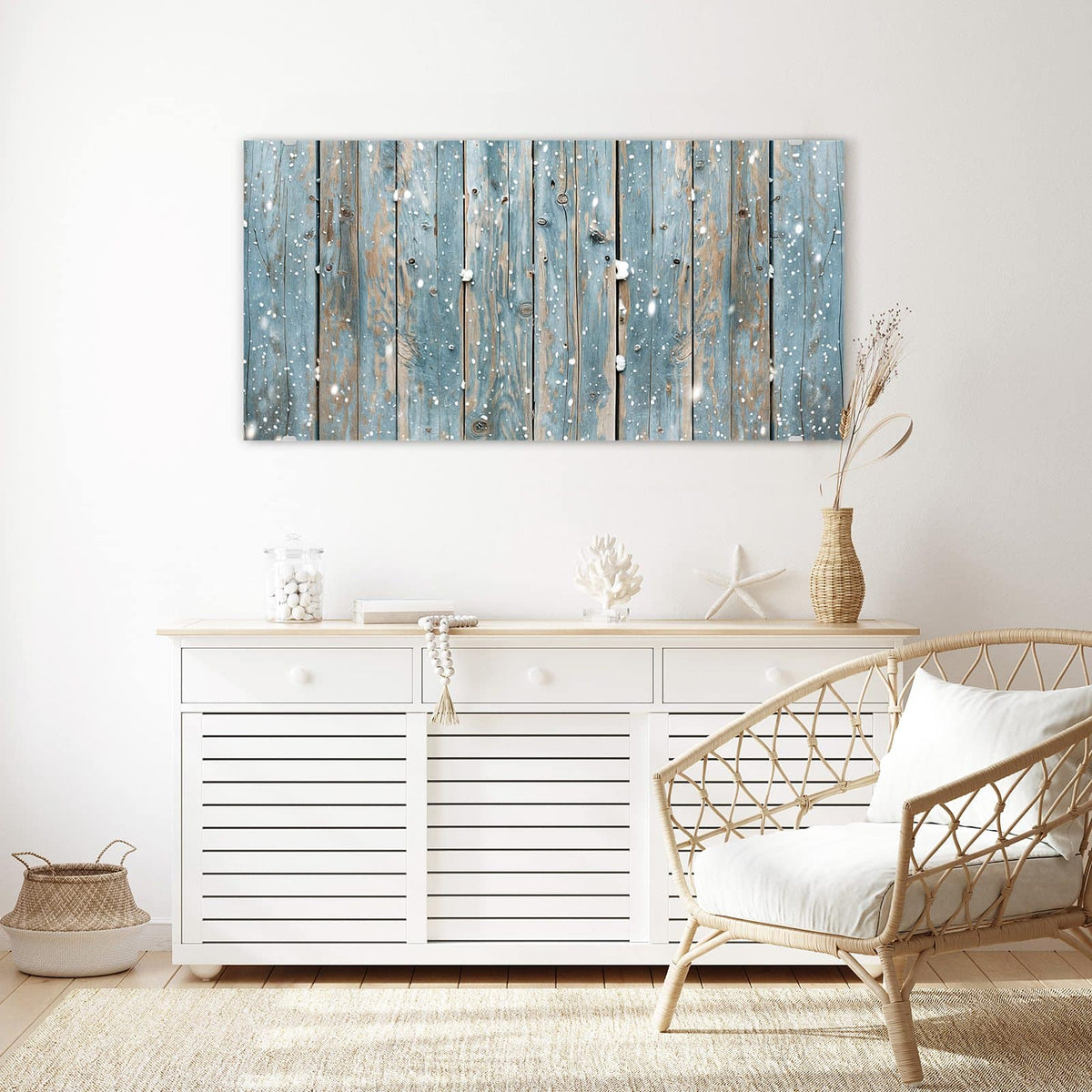 Echtglas, 4 mm – kein Acryl, keine Folie – Wandbild - Schneeflocken auf Holz - Querformat