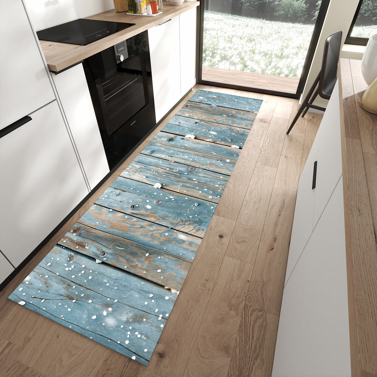 Farbbeständiger Küchenläufer mit Motiv Holz mit Schnee in moderner Küche zum Waschen