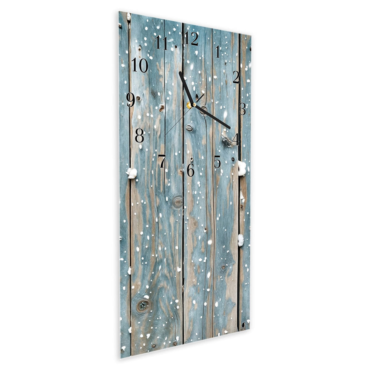 Vormontiert – mit Schwebeeffekt – Wanduhr Holz mit Schnee aus Glas – Hochformat 30 × 60 cm