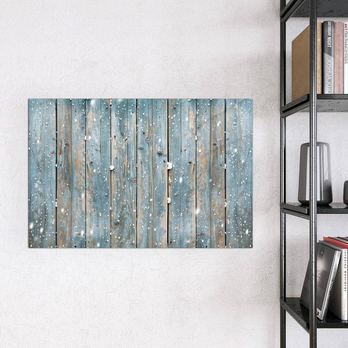 Magnettafel - Schneeflocken auf Holz – Weiße Schneeflocken auf blauem Holz