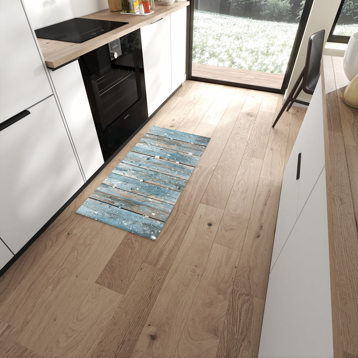 Hygienischer Küchenläufer mit Motiv Holz mit Schnee in moderner Küche #grösse_60 x 120 cm