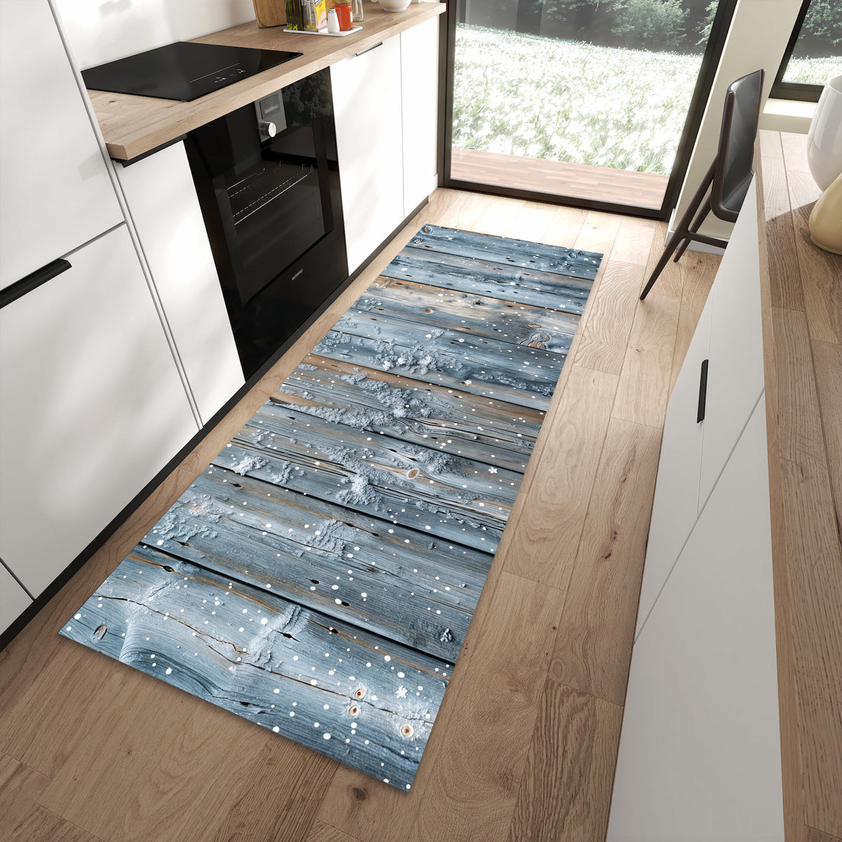 Küchenteppich mit Motiv Winter Holzpaneele für angenehme Haptik in moderner Küche