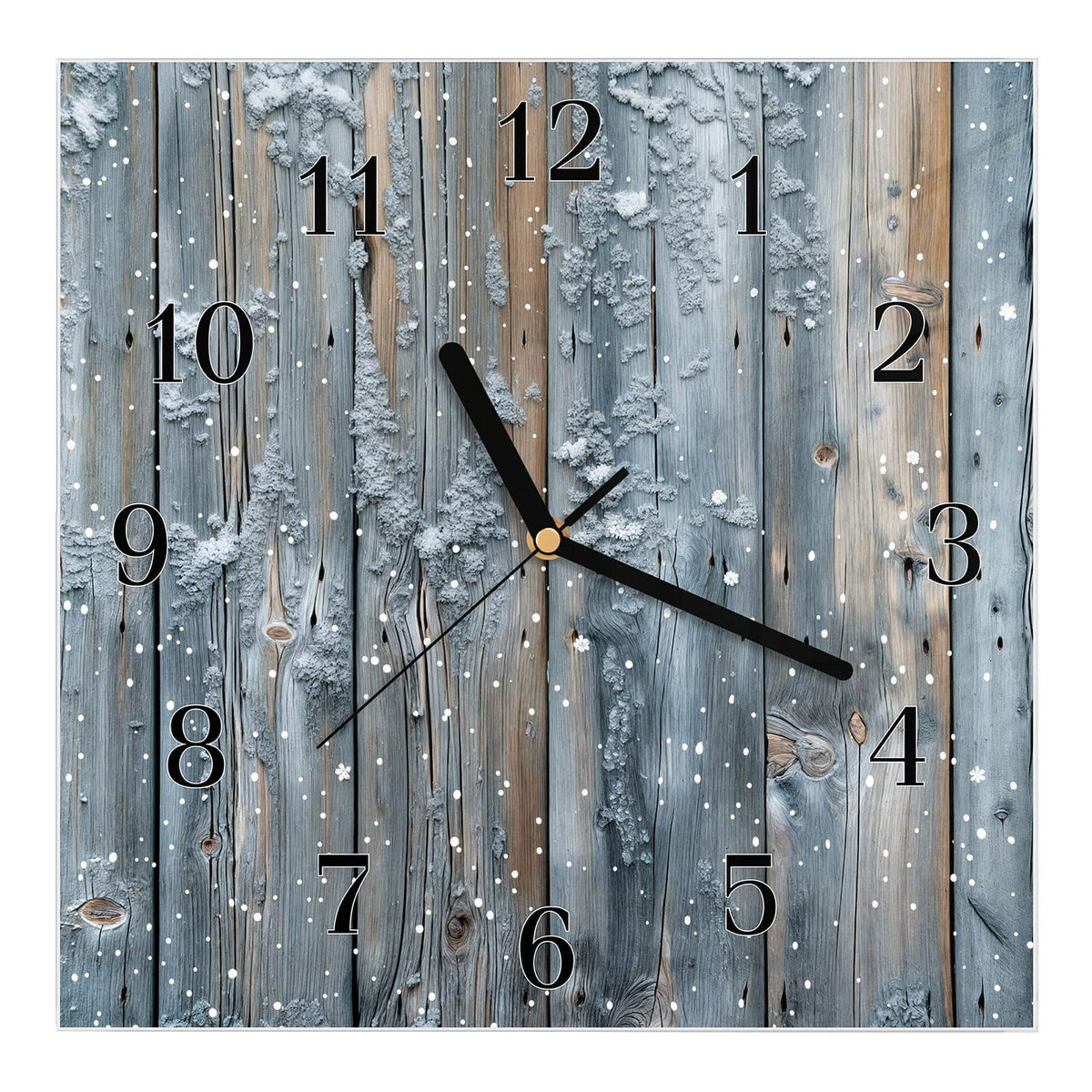 Wanduhr aus Glas, Ziffernblatt Klassisch mit Motiv Winterliche Holzlatten: Senkrechte graublaue Latten mit Schnee und weißen Schneeflocken-Tupfen