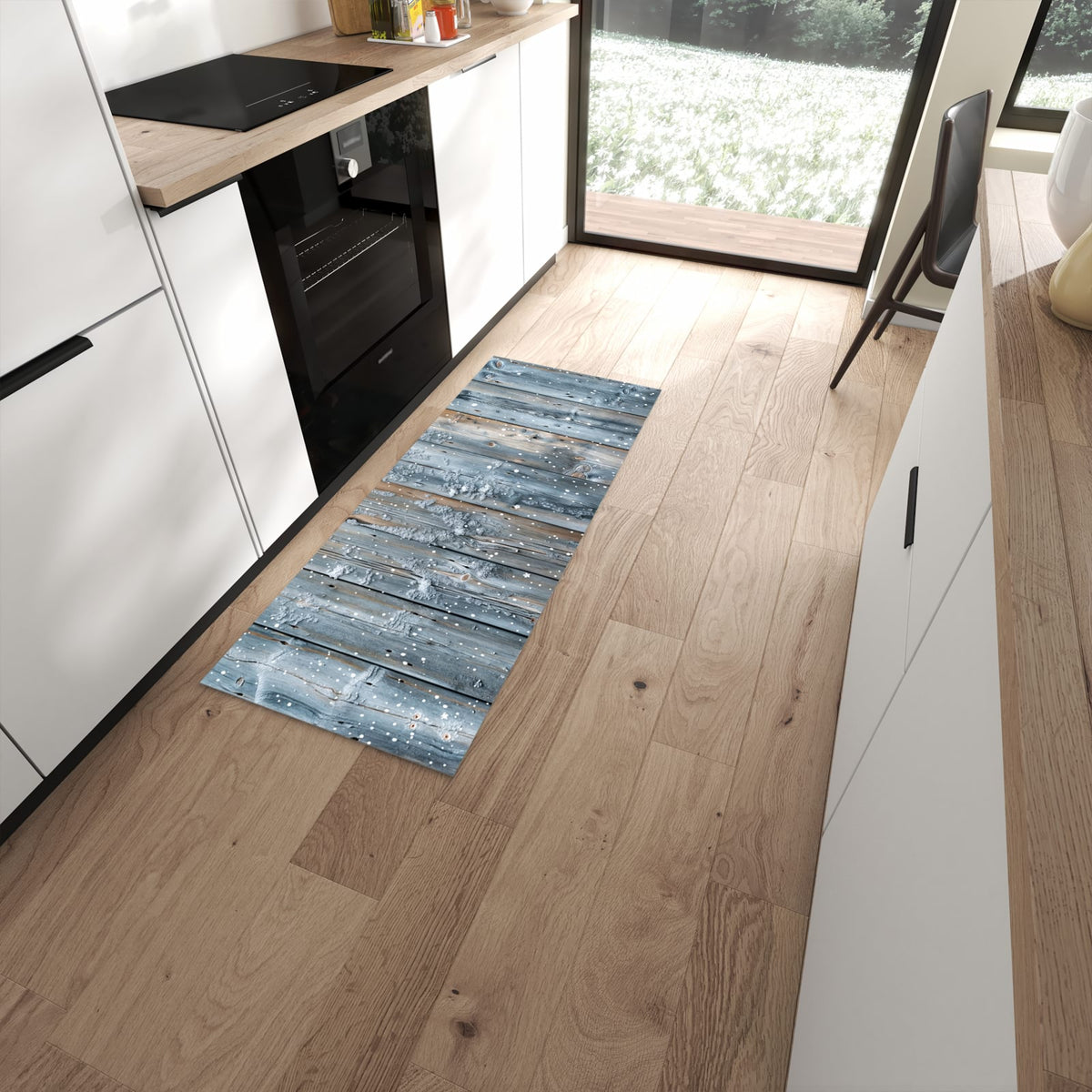 Komfortabler Bodenläufer-Teppich mit Motiv Winter Holzpaneele in moderner Küche #grösse_60 x 150 cm