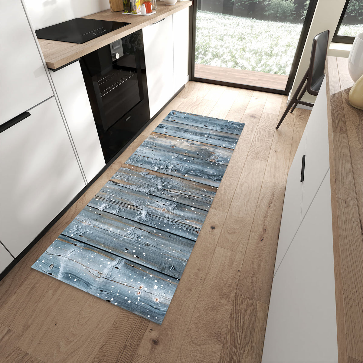Flacher Küchenteppich mit Motiv Winter Holzpaneele in moderner Küche - waschbar