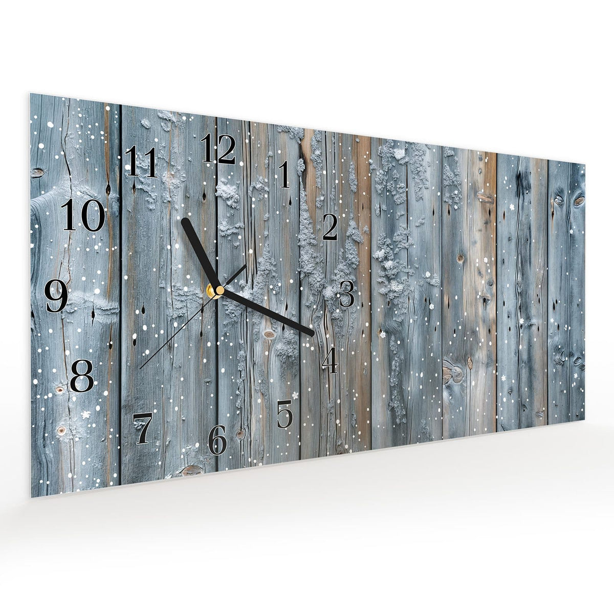 Vormontiert – mit Schwebeeffekt – Wanduhr Winter Holzpaneele aus Glas – Querformat 60 × 30 cm