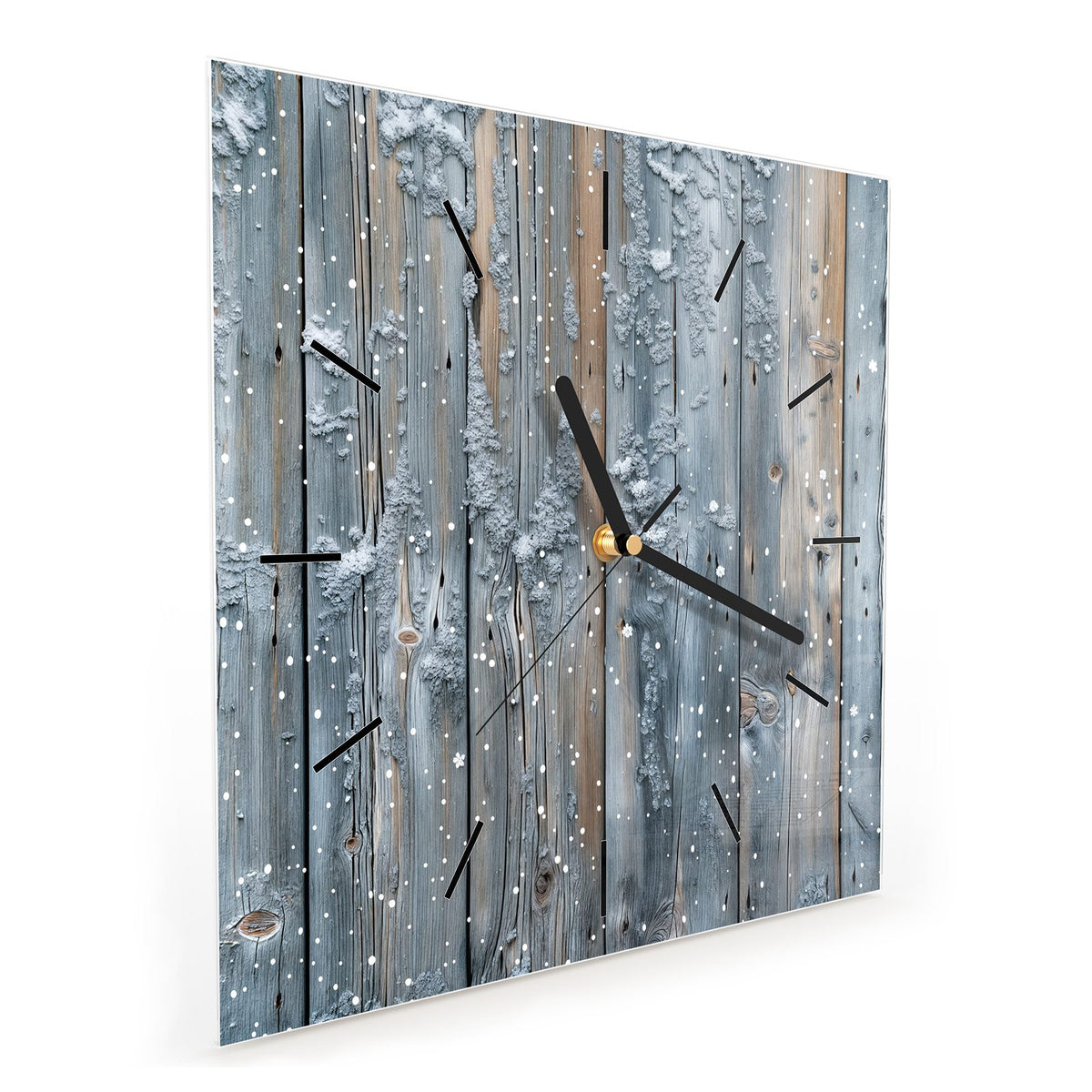 Quadratische Wanduhr aus Glas Winterliche Holzlatten schräg von der Seite, 4 mm starkes Glas