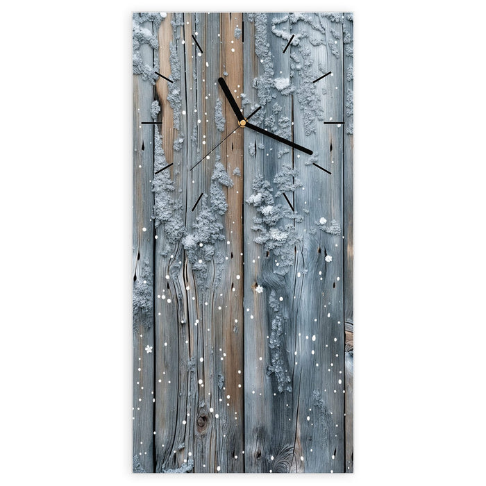 Wanduhr Winter Holzpaneele aus Glas – Hochformat 30 × 60 cm mit Ziffernblatt Linie