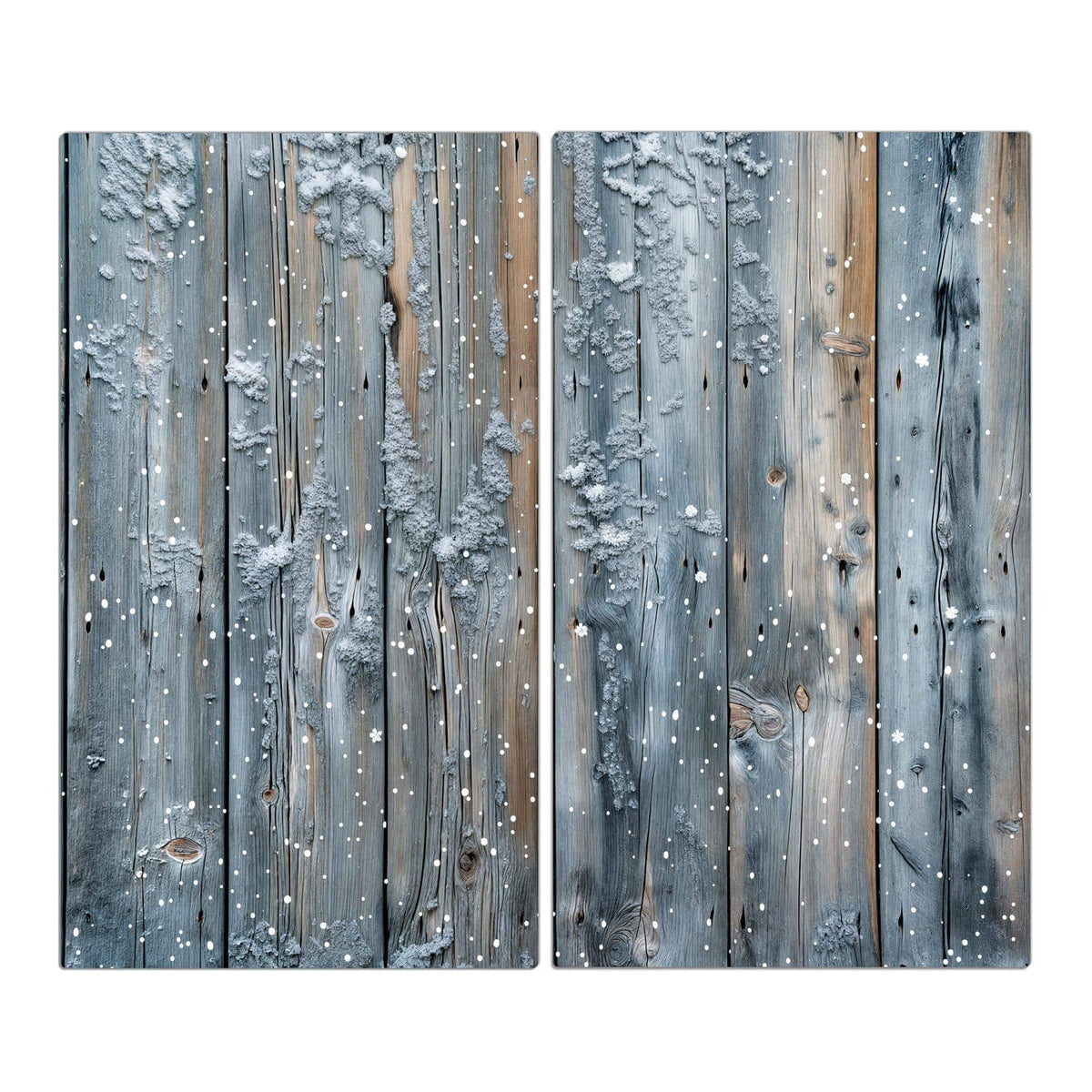 Senkrechte graublaue Latten mit Schnee und weißen Schneeflocken-Tupfen
