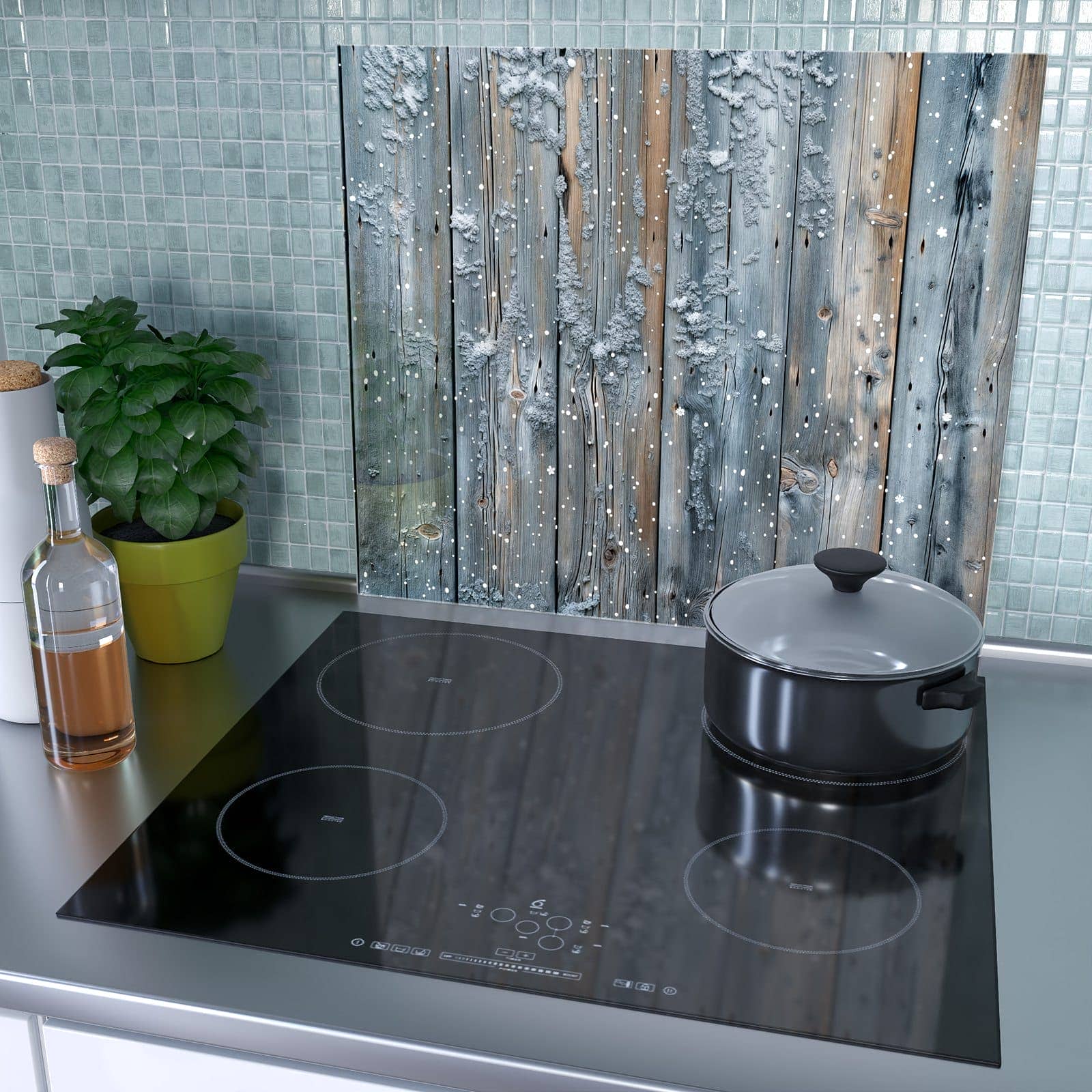 1-teilige Herdabdeckplatte mit Winter Holzpaneele-Motiv als Spritzschutz hinter dem Kochfeld