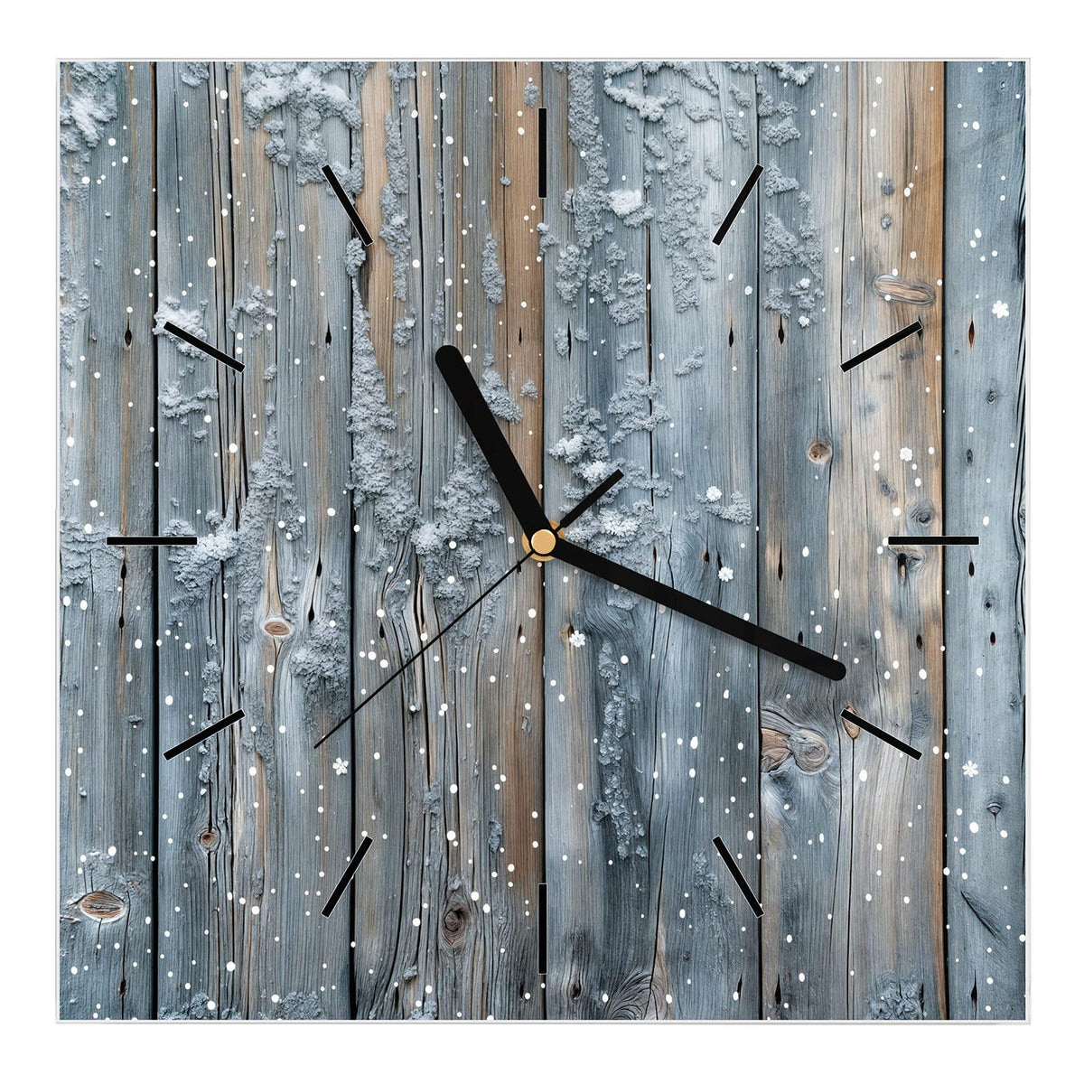 Wanduhr aus Glas, Ziffernblatt Linie mit Motiv Winterliche Holzlatten: Senkrechte graublaue Latten mit Schnee und weißen Schneeflocken-Tupfen