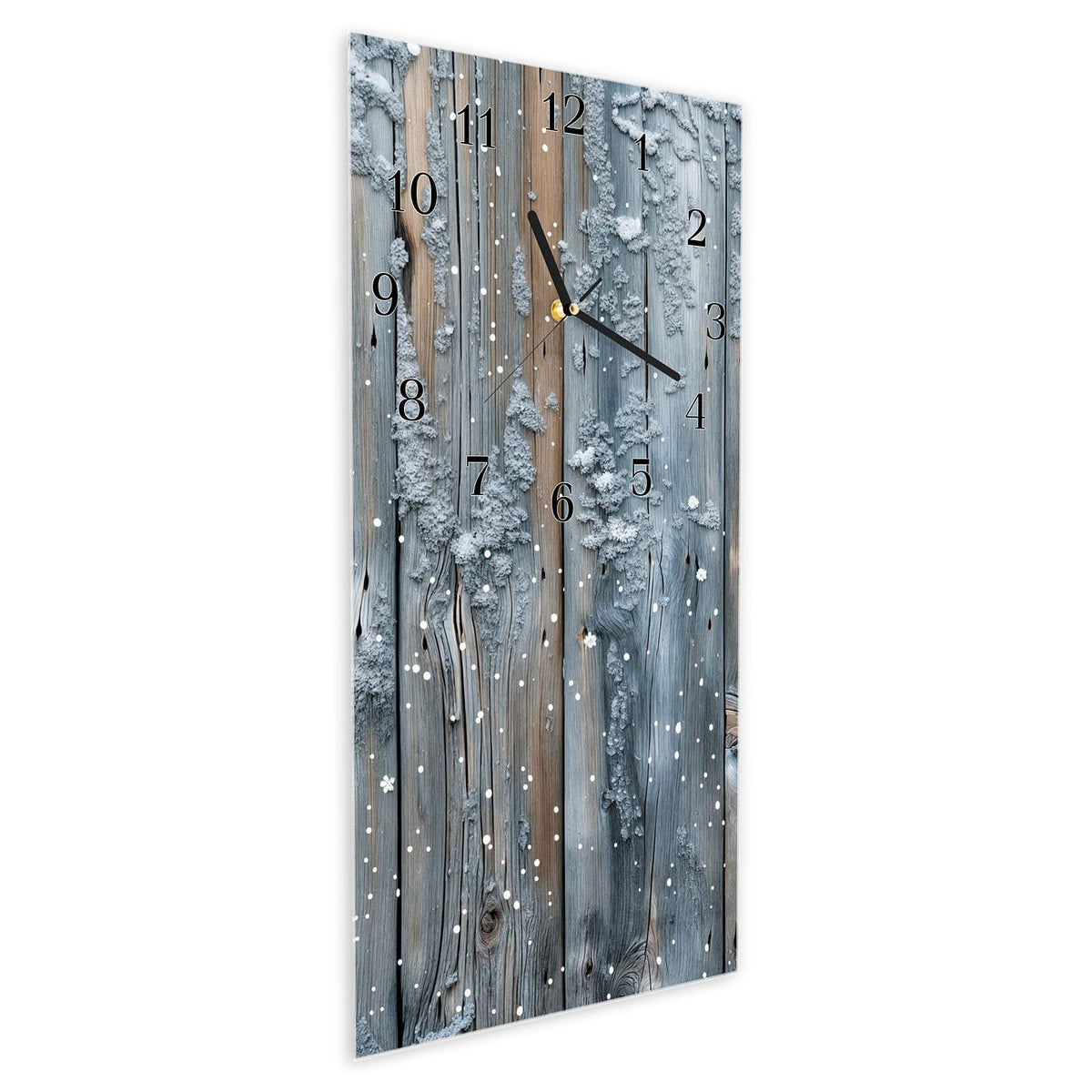 Vormontiert – mit Schwebeeffekt – Wanduhr Winter Holzpaneele aus Glas – Hochformat 30 × 60 cm