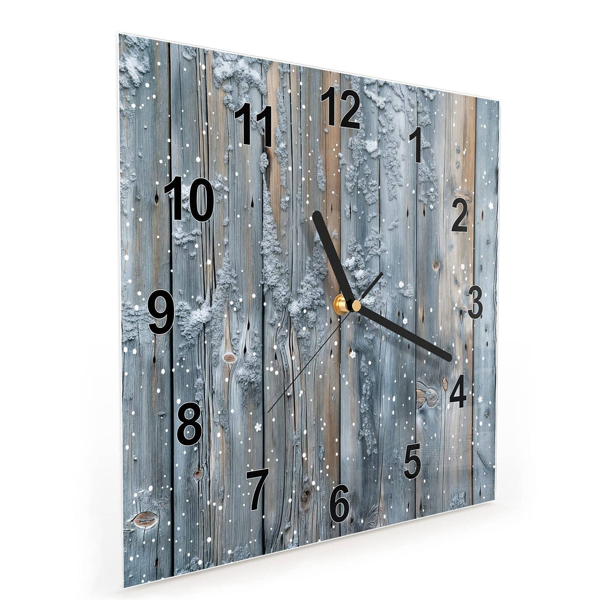 Quadratische Wanduhr aus Glas Winterliche Holzlatten schräg von der Seite, 4 mm starkes Glas
