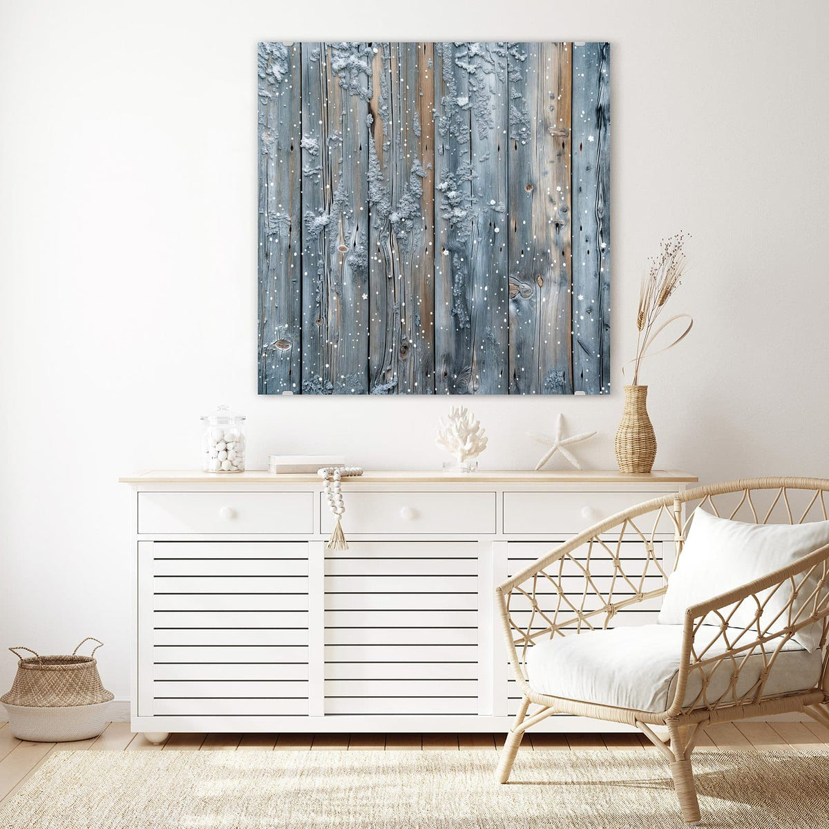 Echtglas, 4 mm – kein Acryl, keine Folie – Wandbild - Winterliche Holzlatten - Quadratisch
