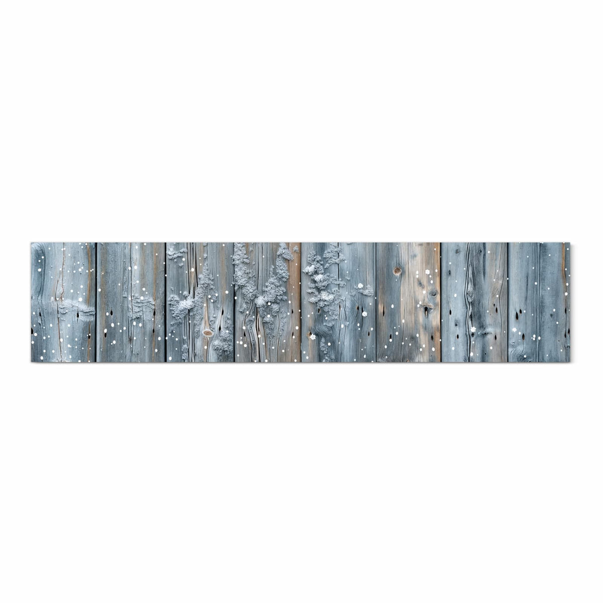 Waschbarer Küchenläufer nach Maß mit Motiv Winter Holzpaneele in Frontansicht