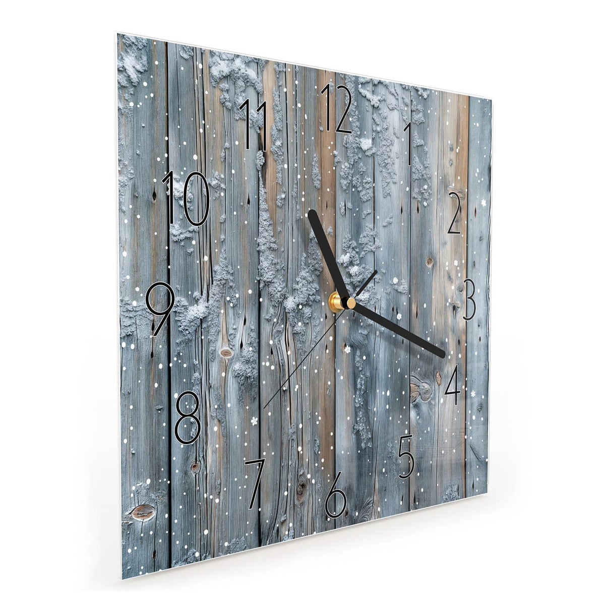 Quadratische Wanduhr aus Glas Winterliche Holzlatten schräg von der Seite, 4 mm starkes Glas