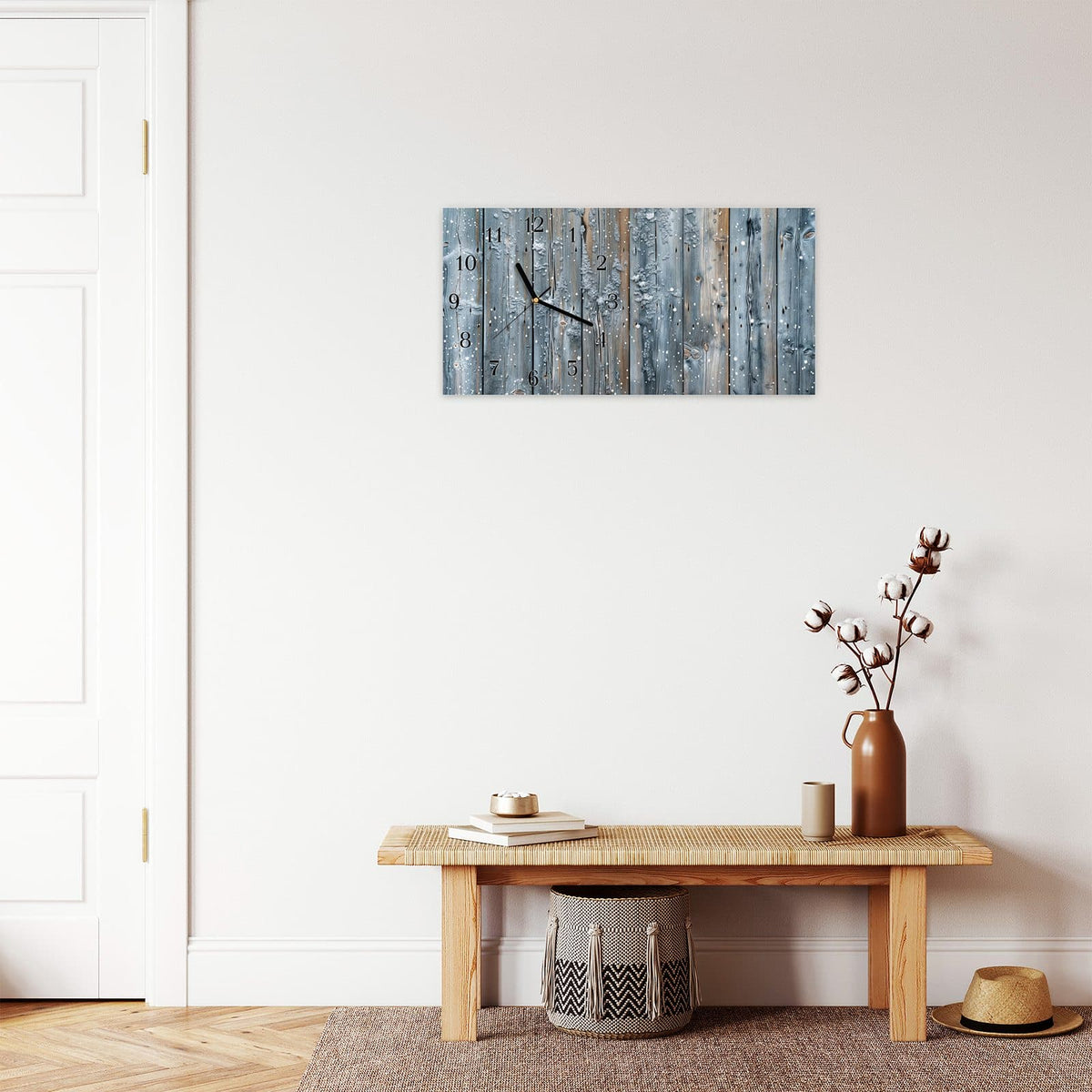 Moderne Wanduhr aus Glas mit Farbtiefe – Wanduhr Winter Holzpaneele aus Glas – Querformat 60 × 30 cm