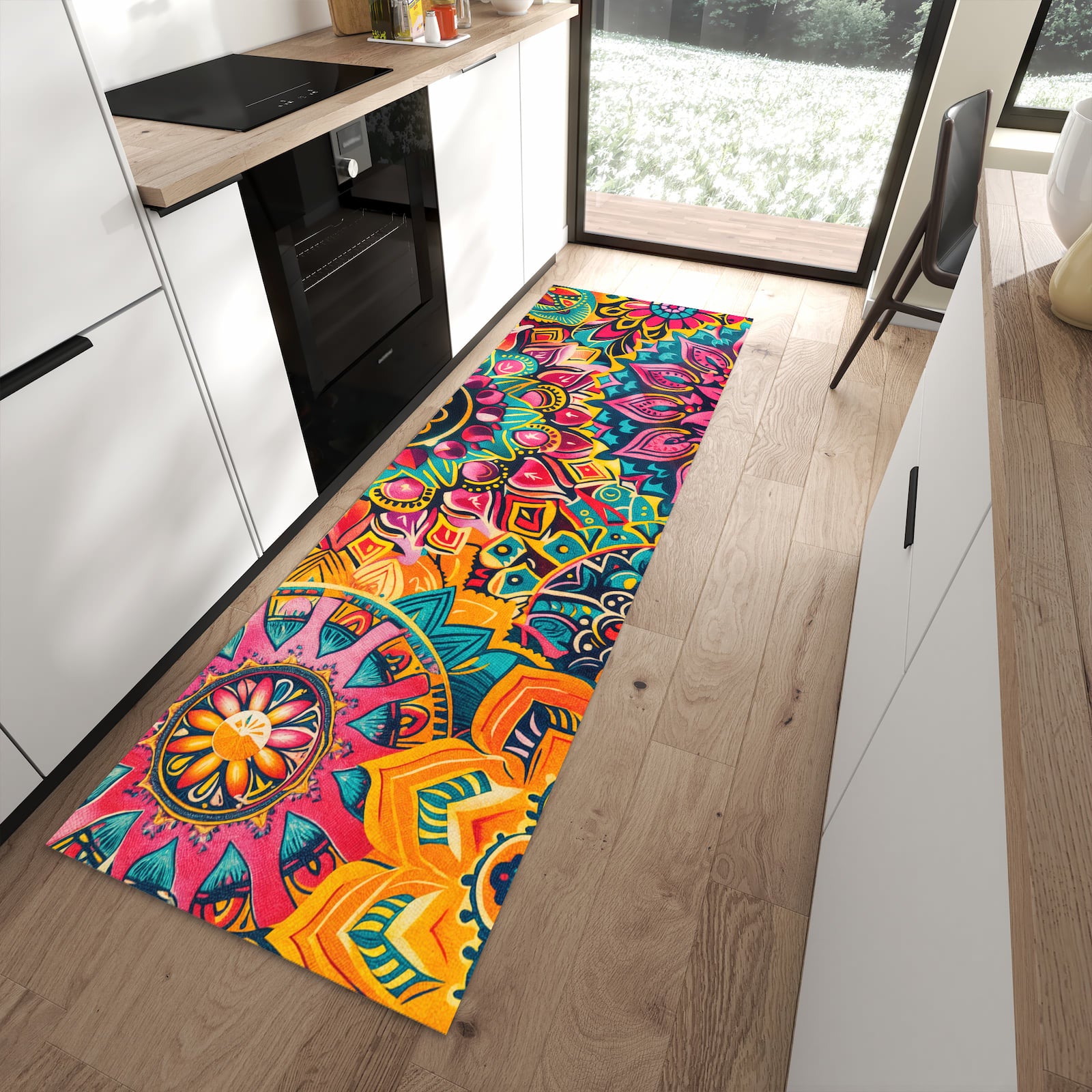 Formstabiler rutschfester Küchenteppich mit Motiv Mandala Design in moderner Küche