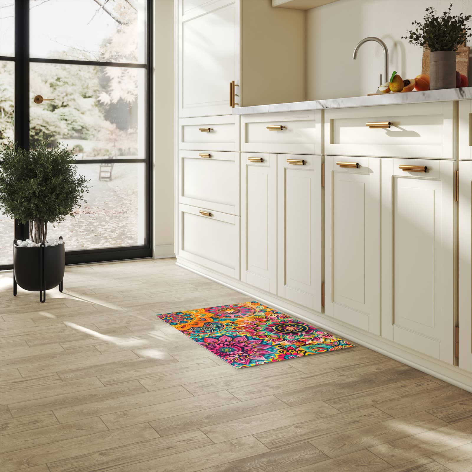 Fleckenresistenter langer Teppich mit Motiv Mandala Design in heller Küche