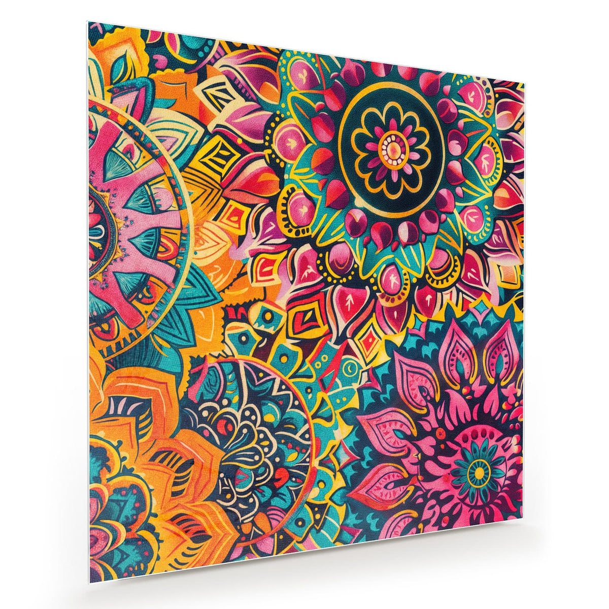 Dicht ineinandergeschobene Mandalas in Pink, Orange und Türkis