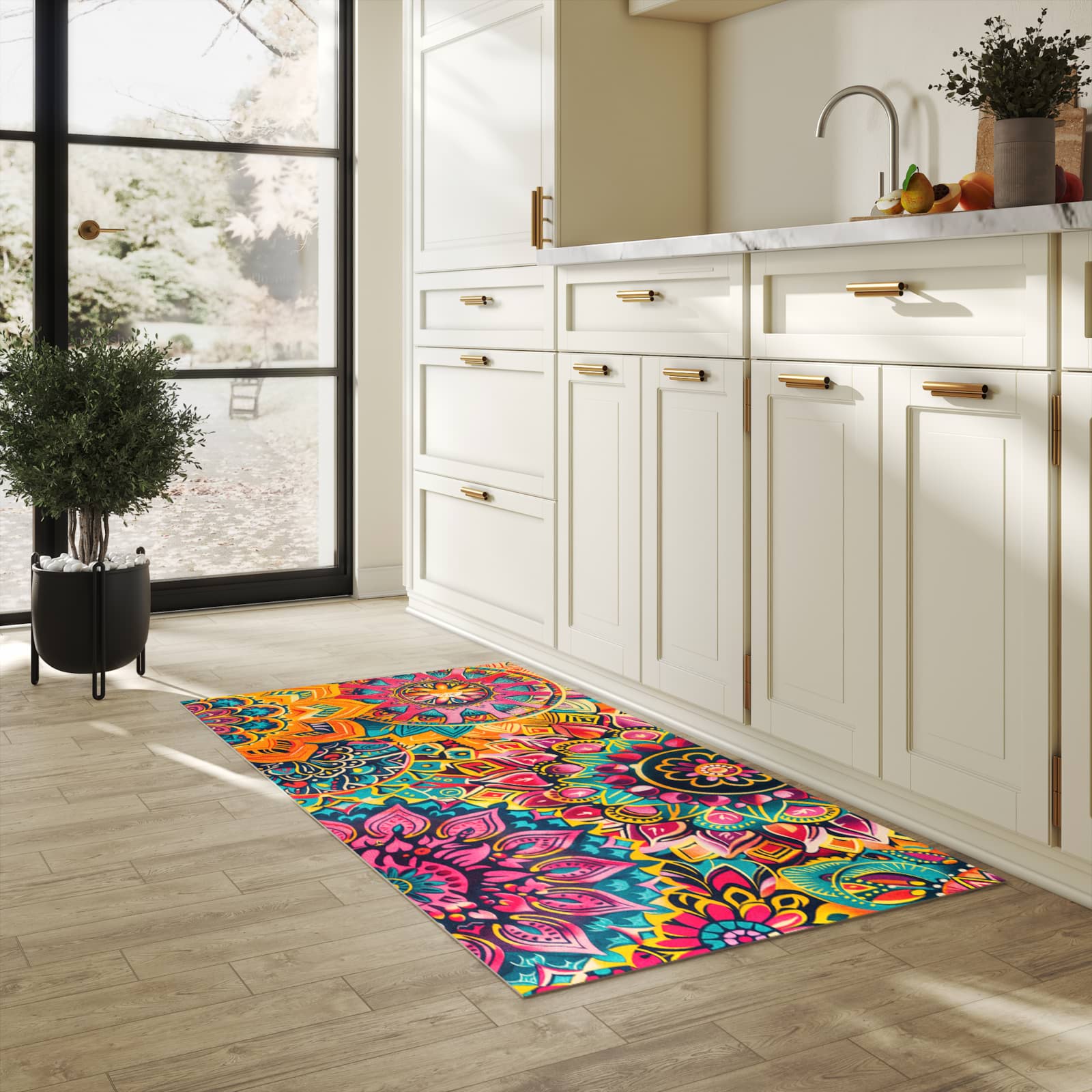 Pflegeleichter dünner Küchenteppich mit Motiv Mandala Design in heller Küche