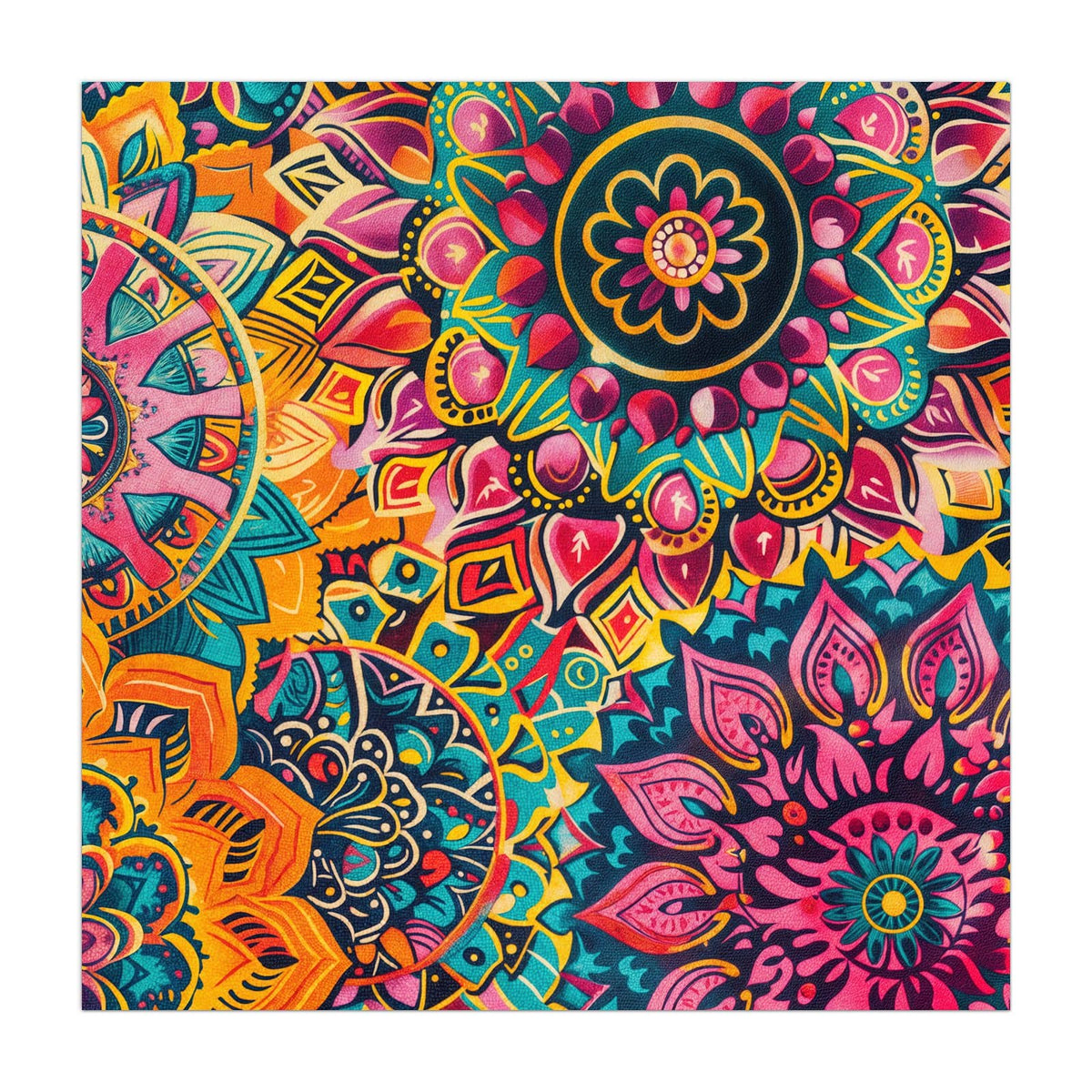Dicht ineinandergeschobene Mandalas in Pink, Orange und Türkis