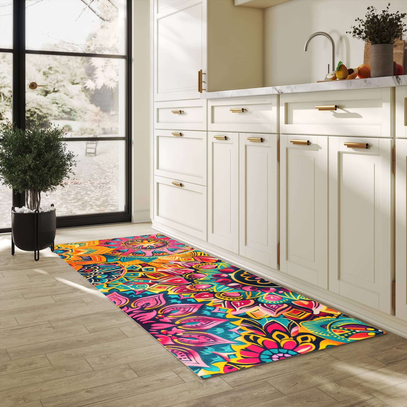 Komfortabler Teppich fürs Esszimmer mit Motiv Mandala Design in heller Küche, waschbar