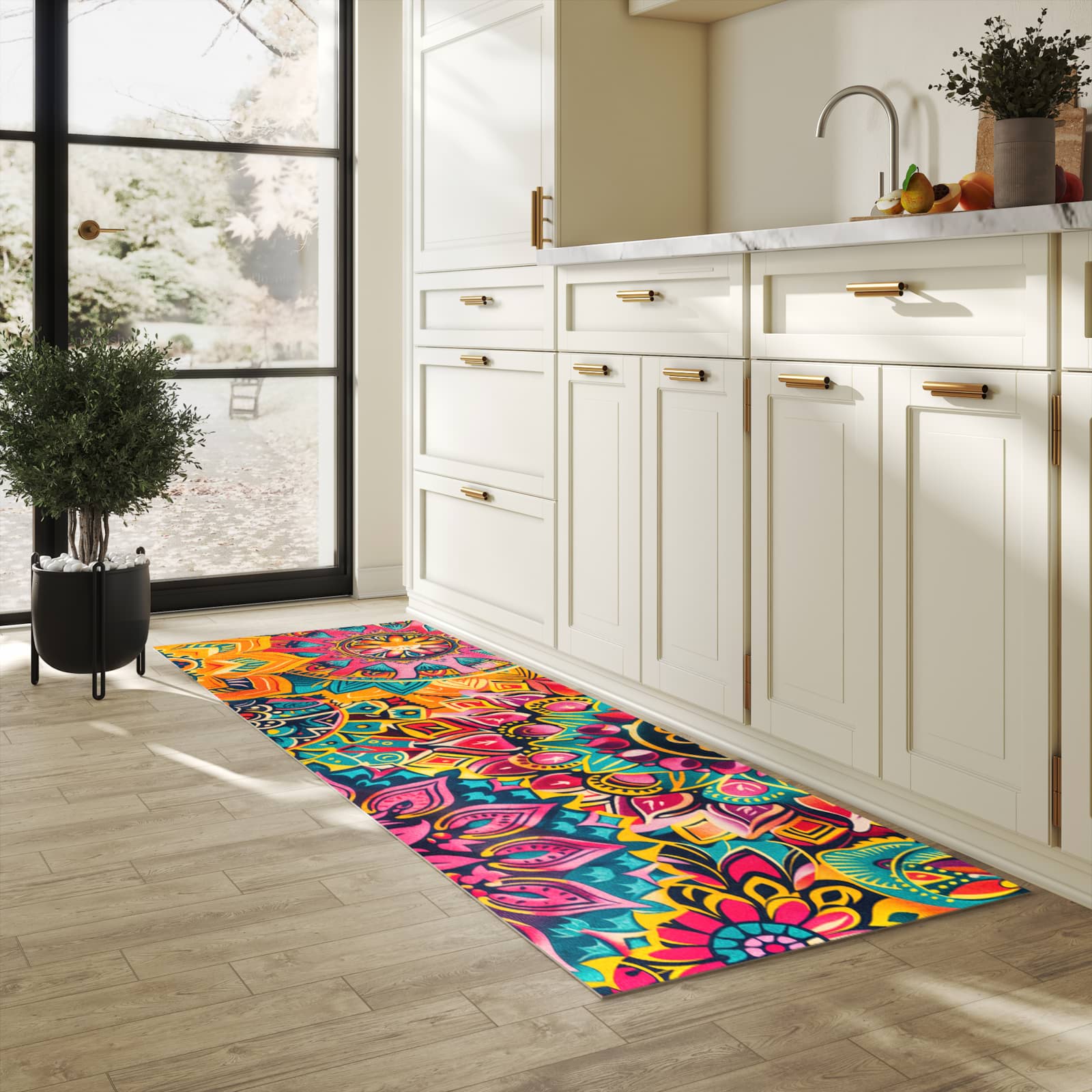 Geruchsneutraler rutschfester Läufer mit Motiv Mandala Design in heller Küche