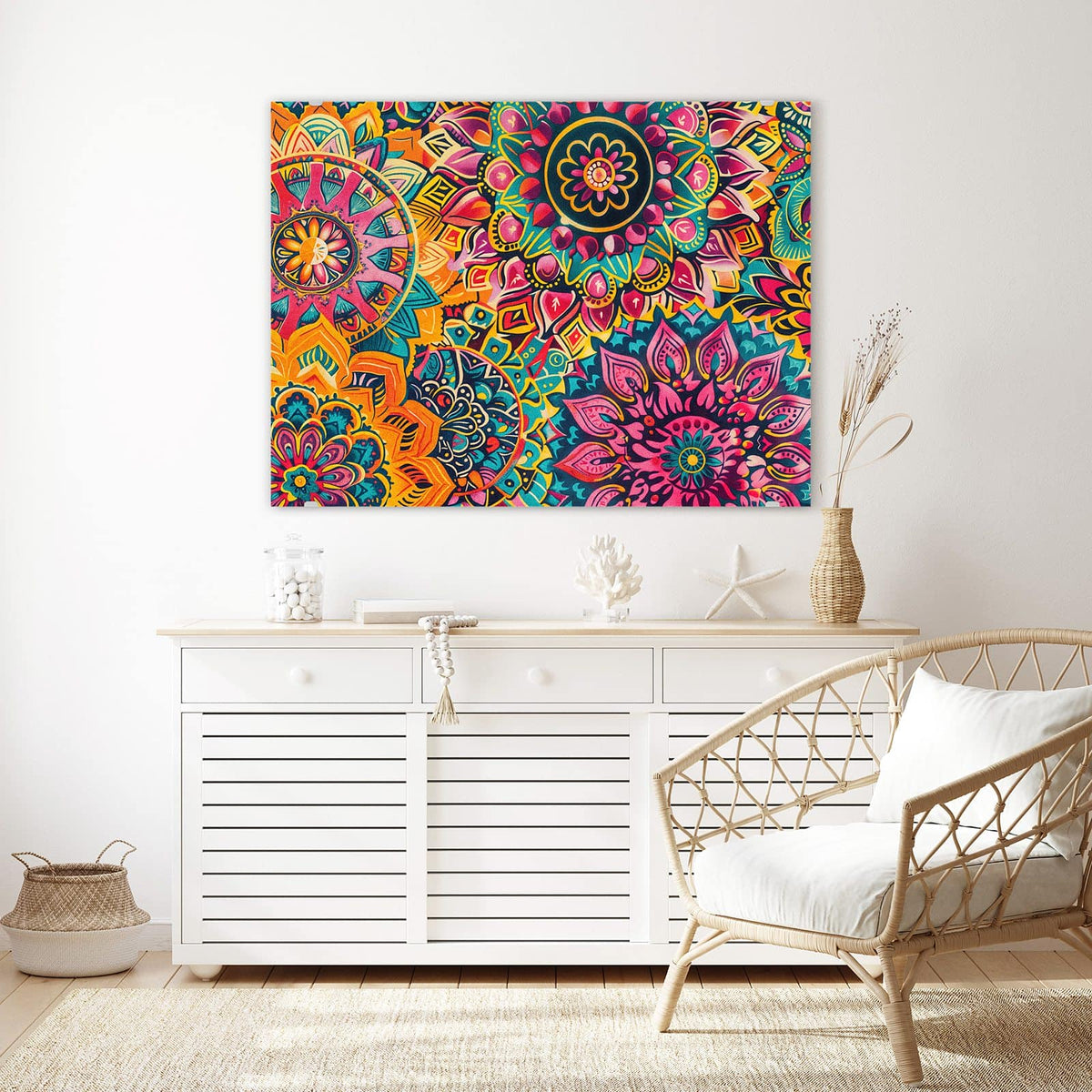Wandbild aus Glas Bunte Mandalas über einem weißen Sideboard neben einem Rattansessel