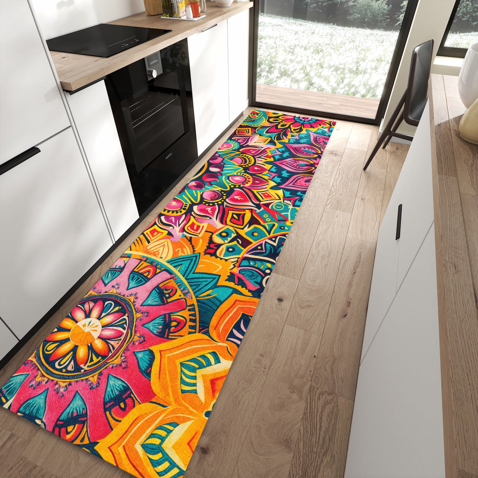 Waschbarer Teppich fürs Esszimmer mit Motiv Mandala Design in moderner Küche