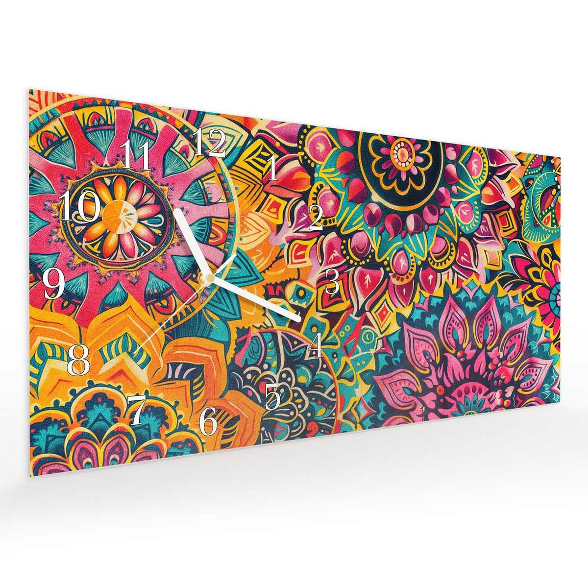 Vormontiert – mit Schwebeeffekt – Wanduhr Mandala Design aus Glas – Querformat 60 × 30 cm