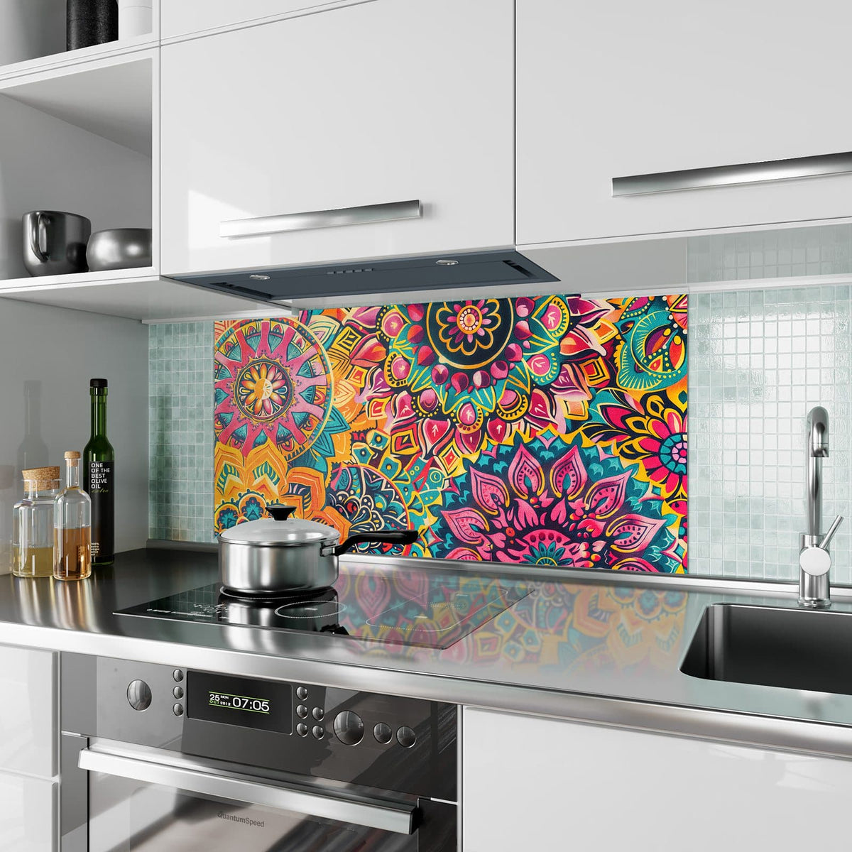 Küchenrückwand aus Glas Bunte Mandalas im Hochformat als Spritzschutz hinter dem Kochfeld, über dem Fliesenspiegel montiert