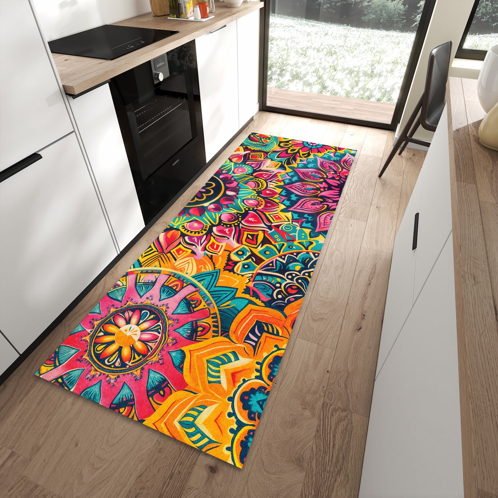 Abriebfester rutschfester Küchenteppich mit Motiv Mandala Design in moderner Küche