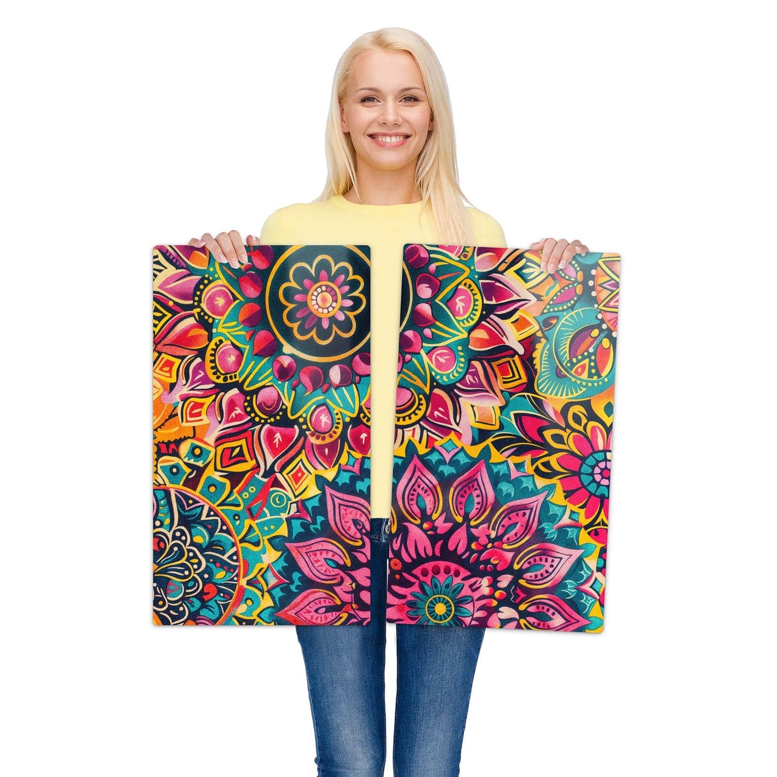 2-teilige Herdabdeckung mit Mandala Design-Motiv wird zur Größendarstellung gehalten