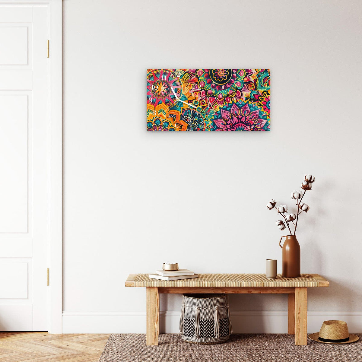 Moderne Wanduhr aus Glas mit Farbtiefe – Wanduhr Mandala Design aus Glas – Querformat 60 × 30 cm