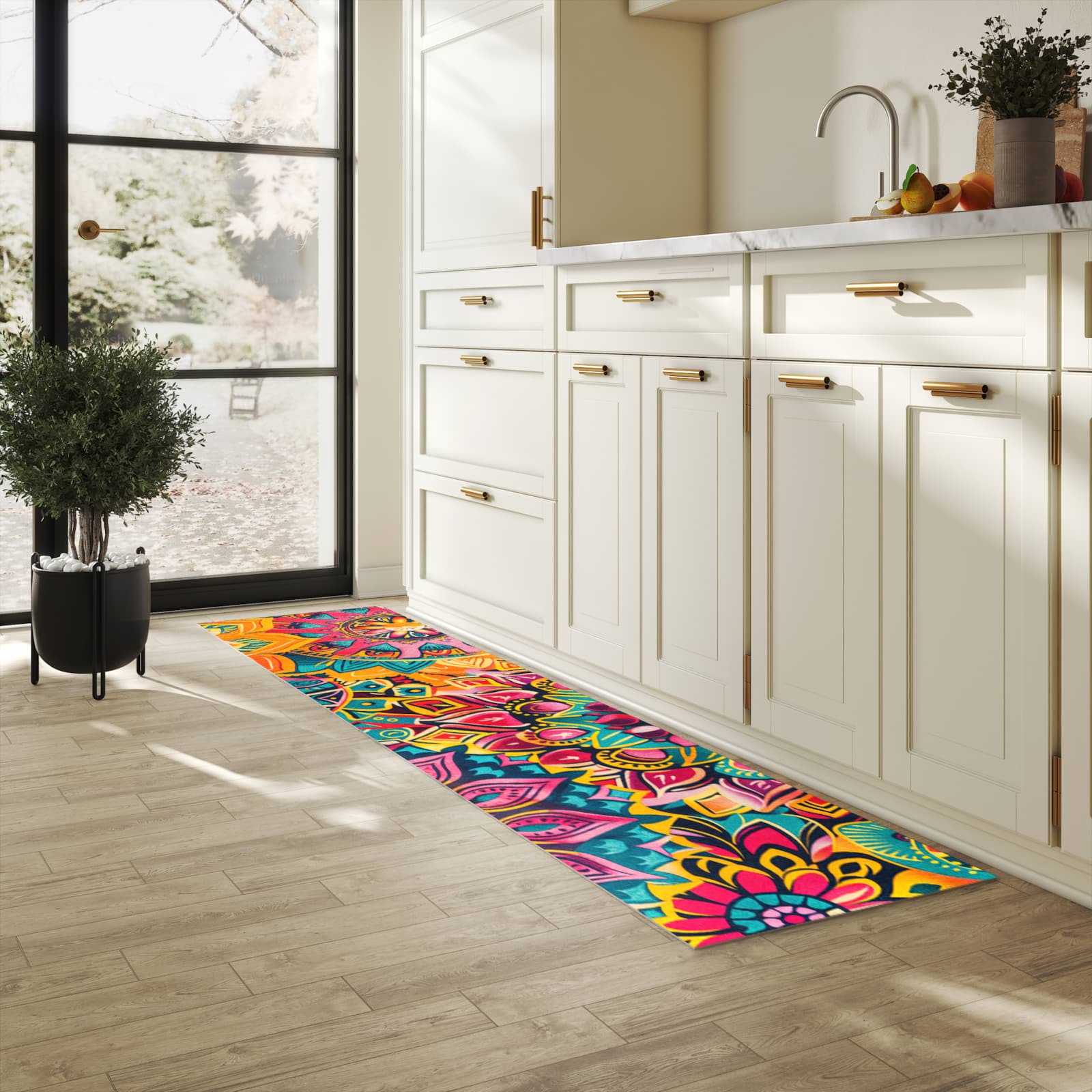 Waschbarer Küchenläufer mit Motiv Mandala Design für Trittkomfort in heller Küche