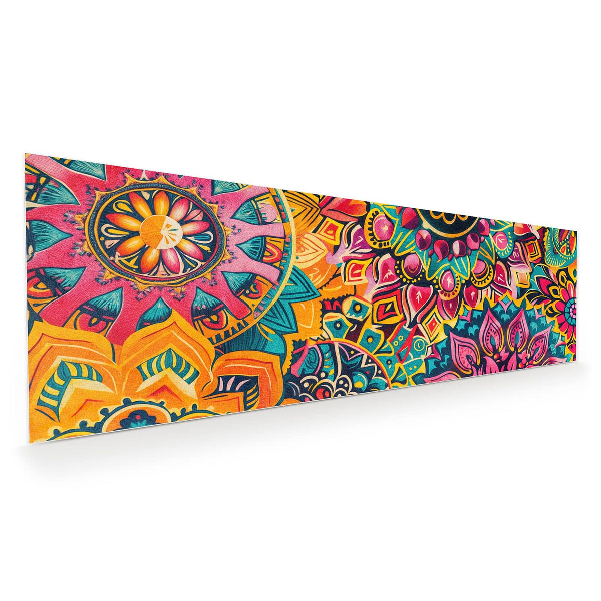 Wandbild aus Glas mit Motiv Bunte Mandalas: Dicht ineinandergeschobene Mandalas in Pink, Orange und Türkis