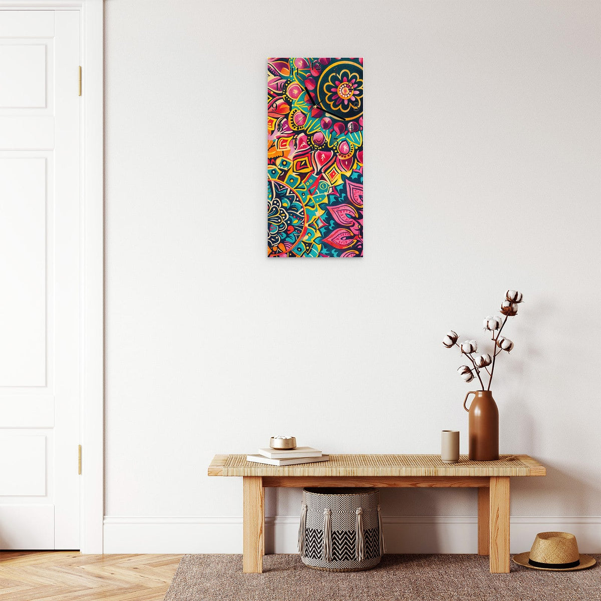 Moderne Wanduhr aus Glas mit Farbtiefe – Wanduhr Mandala Design aus Glas – Hochformat 30 × 60 cm
