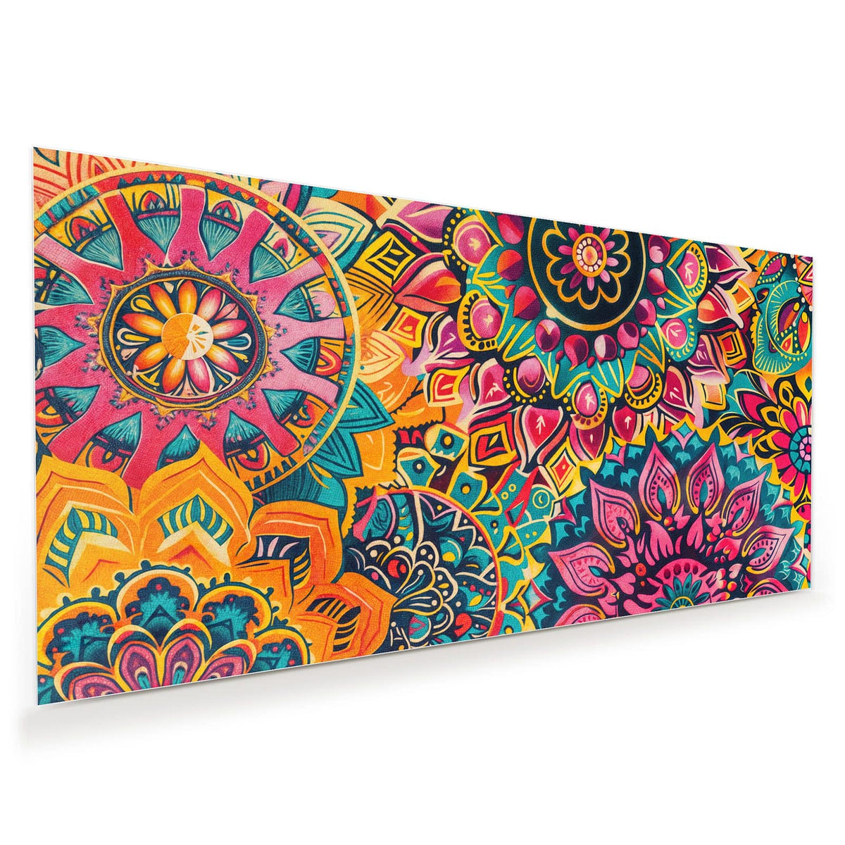 Wandbild aus Glas mit Motiv Bunte Mandalas: Dicht ineinandergeschobene Mandalas in Pink, Orange und Türkis