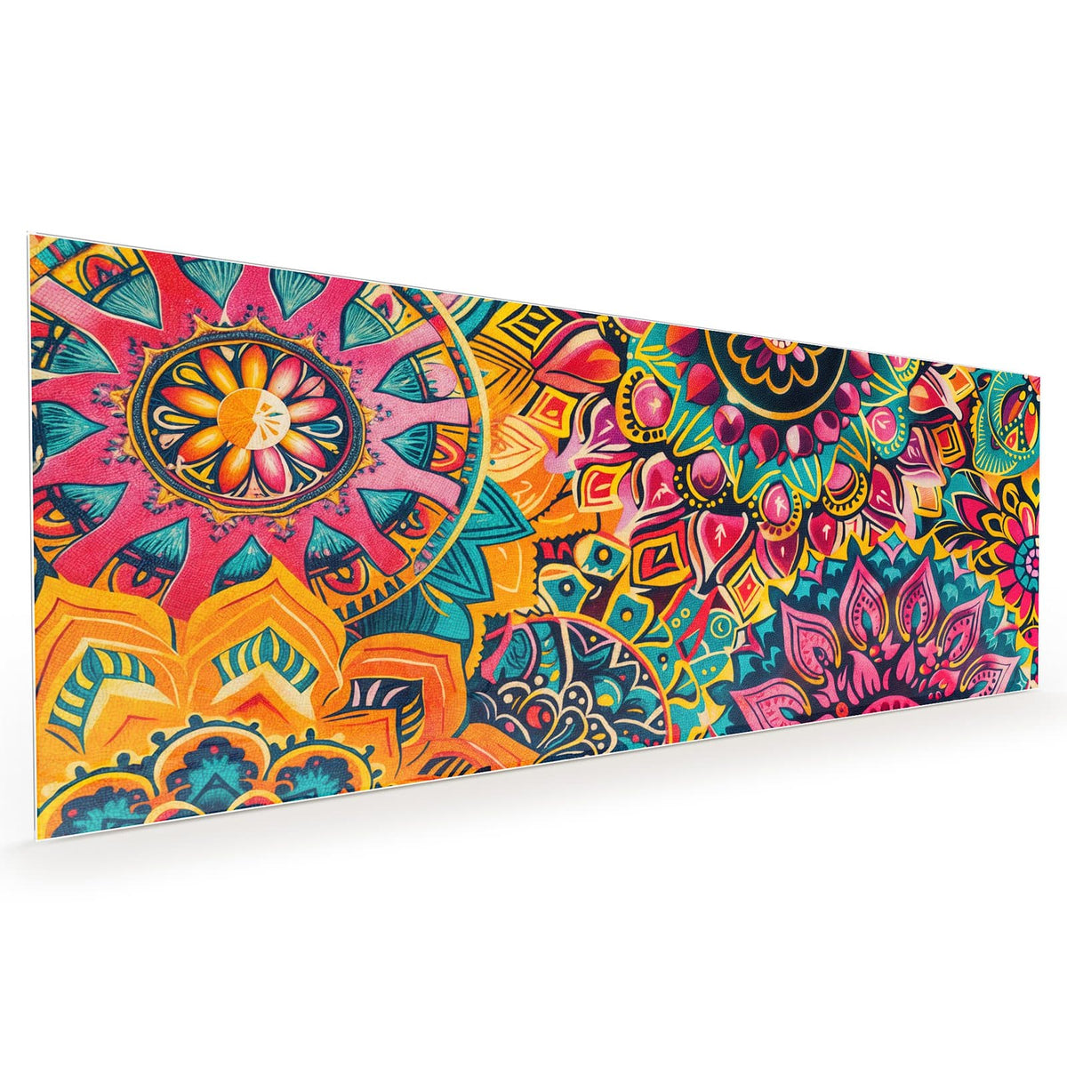 Küchenrückwand aus Glas im Hochformat mit Motiv Bunte Mandalas: Dicht ineinandergeschobene Mandalas in Pink, Orange und Türkis #grösse_40 x 100 cm #grösse_50 x 125 cm #grösse_60 x 150 cm