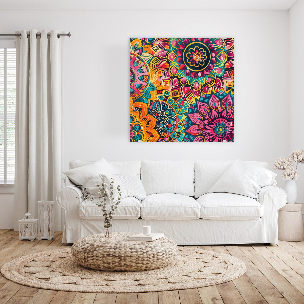 Glasbild Bunte Mandalas an der Wand – Dicht ineinandergeschobene Mandalas in Pink, Orange und Türkis