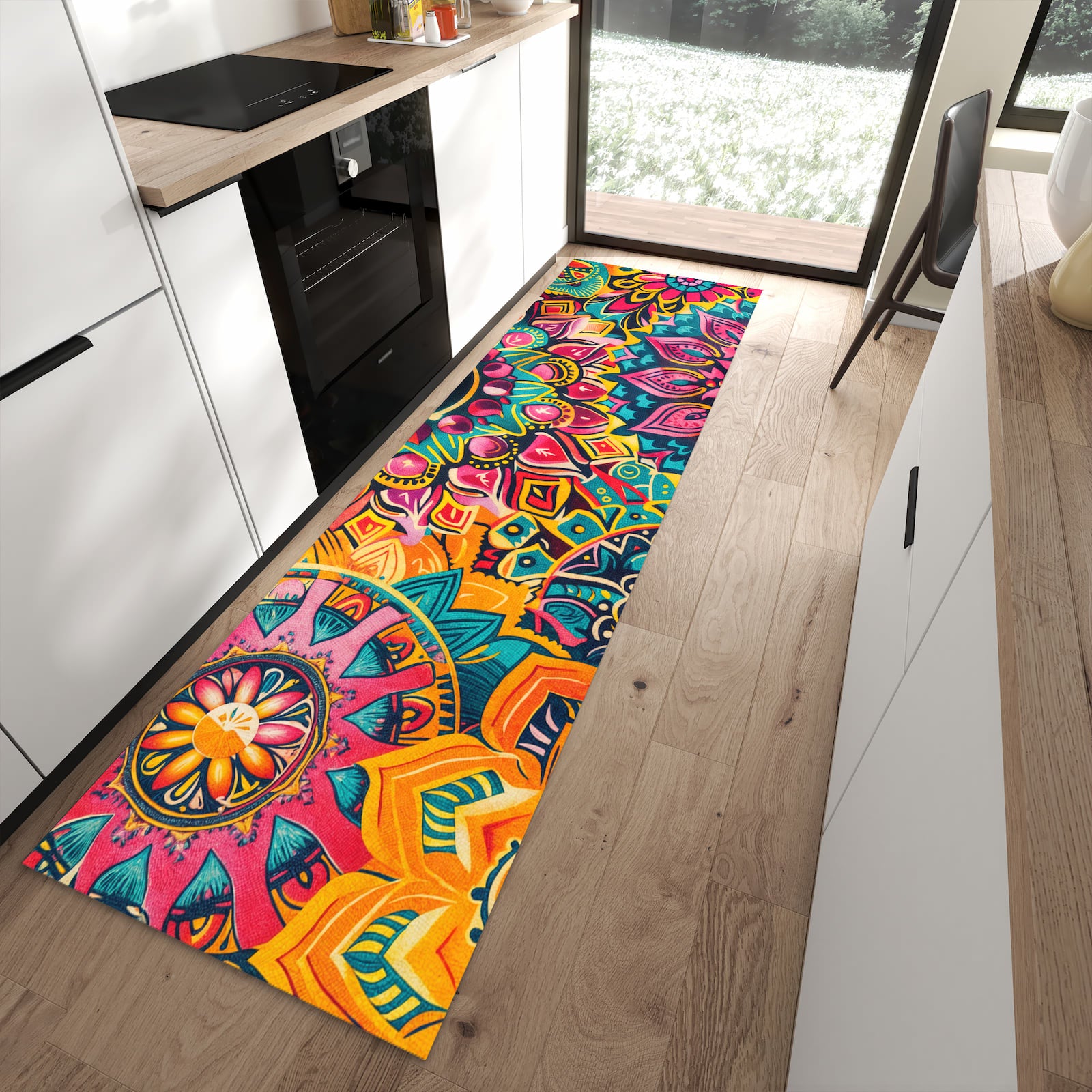 Waschbarer Küchenteppich mit Motiv Mandala Design in moderner Küche für sichere Aufbewahrung