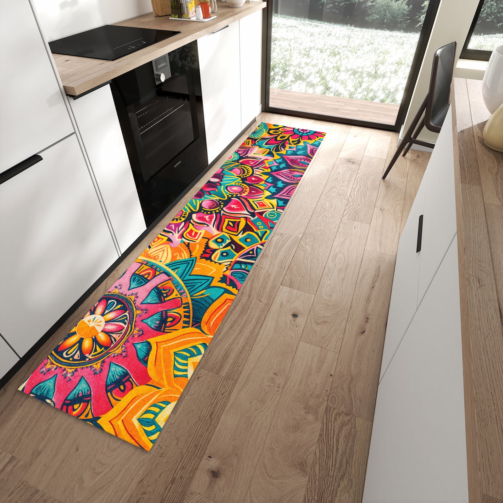 Bodenschonender langer Teppich mit Motiv Mandala Design in moderner Küche