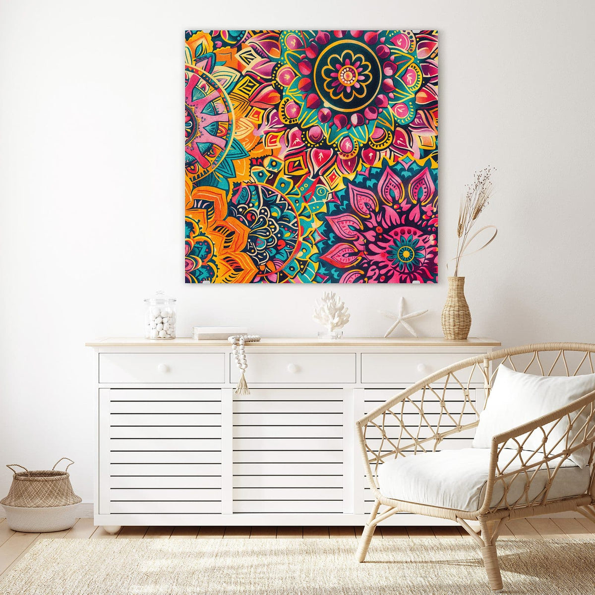 Glasbild Bunte Mandalas an der Wand – Dicht ineinandergeschobene Mandalas in Pink, Orange und Türkis