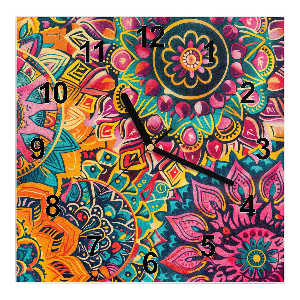 Wanduhr aus Glas, Ziffernblatt Modern mit Motiv Bunte Mandalas: Dicht ineinandergeschobene Mandalas in Pink, Orange und Türkis #ziffernblatt_Modern