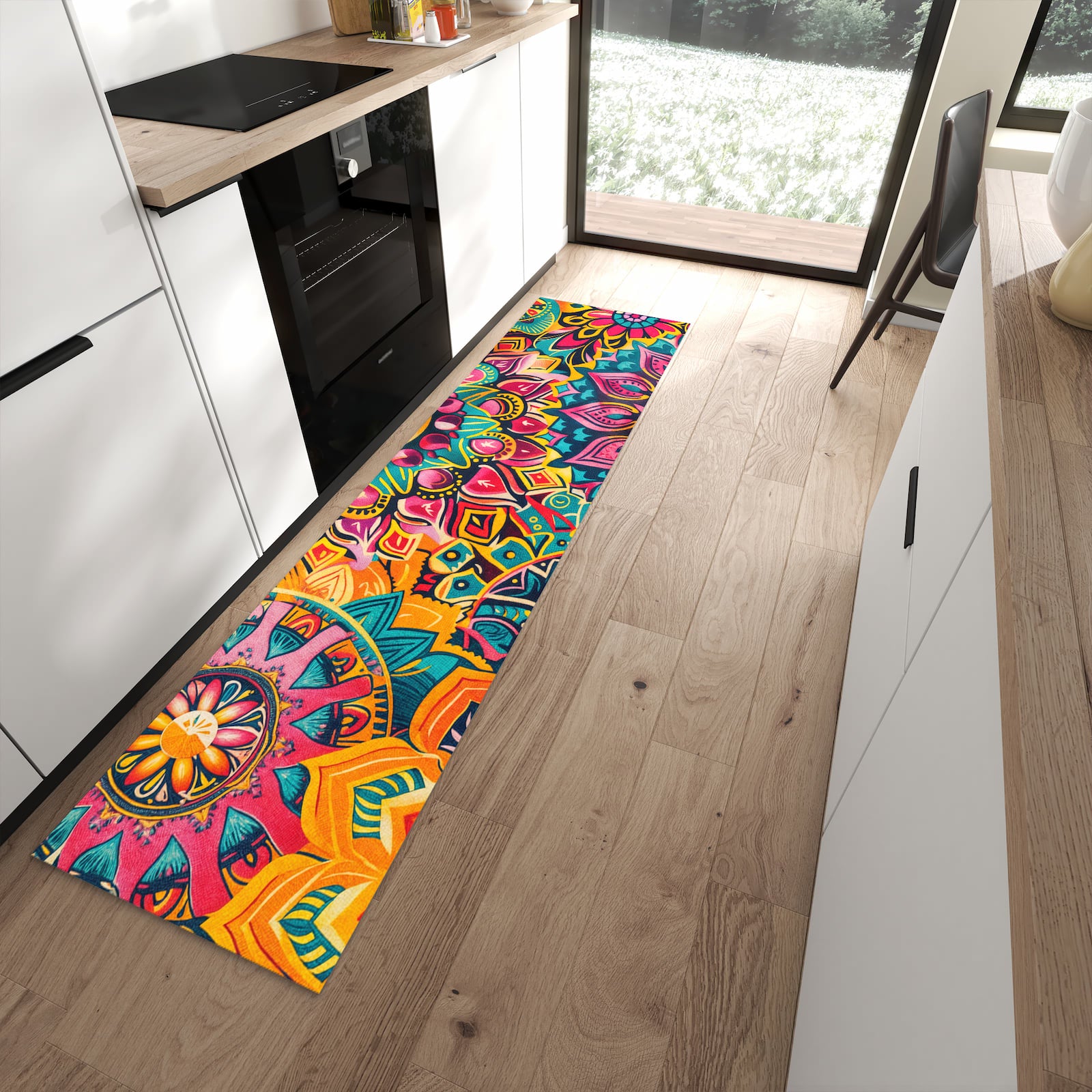 Feuchtigkeitsresistenter waschbarer Küchenläufer mit Motiv Mandala Design in moderner Küche