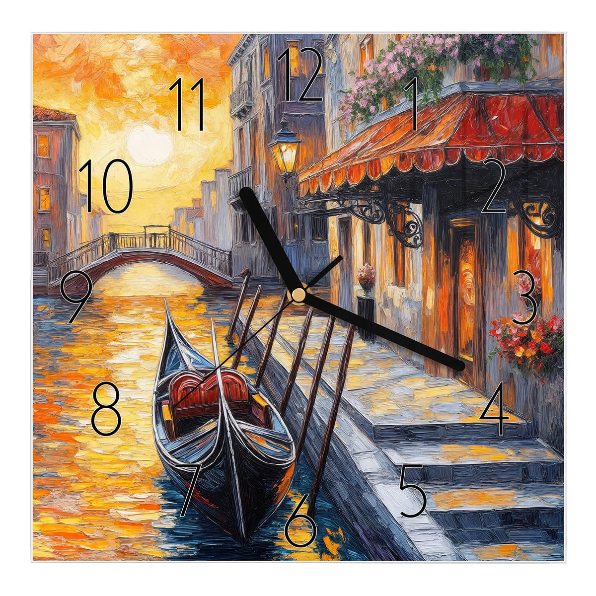 Wanduhr aus Glas, Ziffernblatt Elegant mit Motiv Gondel in Venedig: Gemalte Szene: schwarze Gondel am Kanal, roter Markisenvorbau #ziffernblatt_Elegant